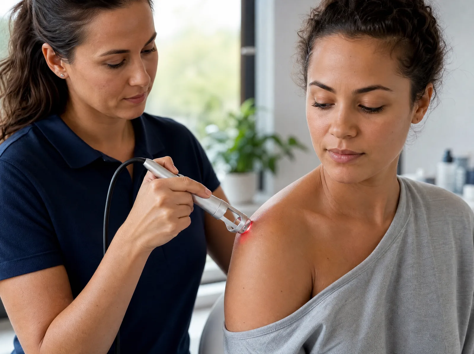Therapielaser-Handstück an einer Schulter